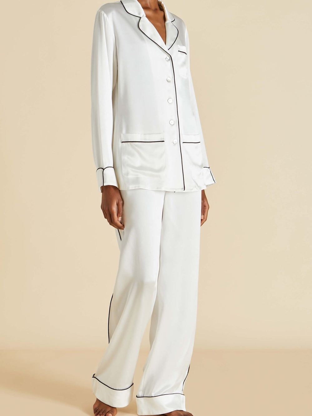 Olivia von Halle White Wide-Leg Satin Pajama set with Black Piping